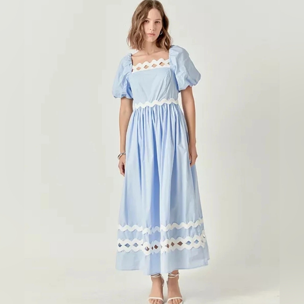 English Factory Scallop-Trim Cotton Midi Dress Sz L Blue Ecru Trim Nwt - Picture 6 of 16